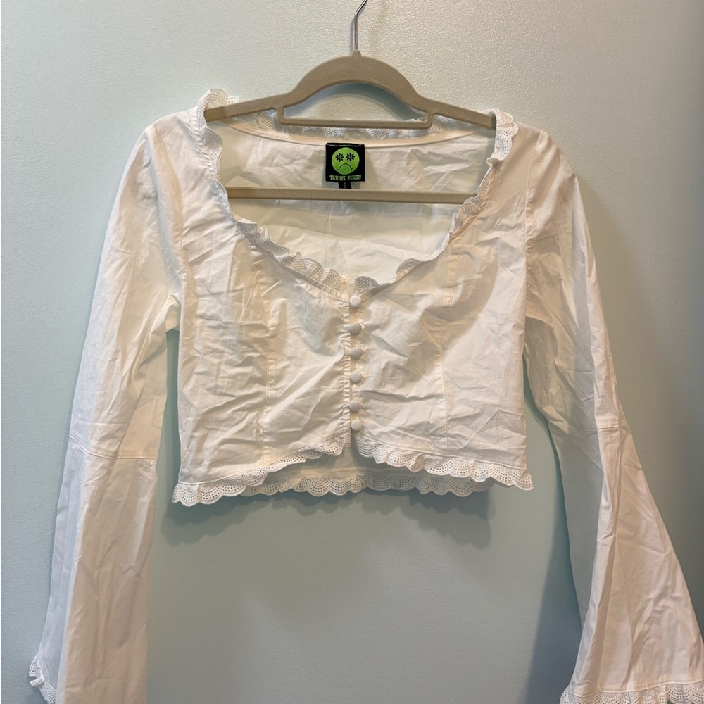 Cropped White Lace-Trim Button Front Top